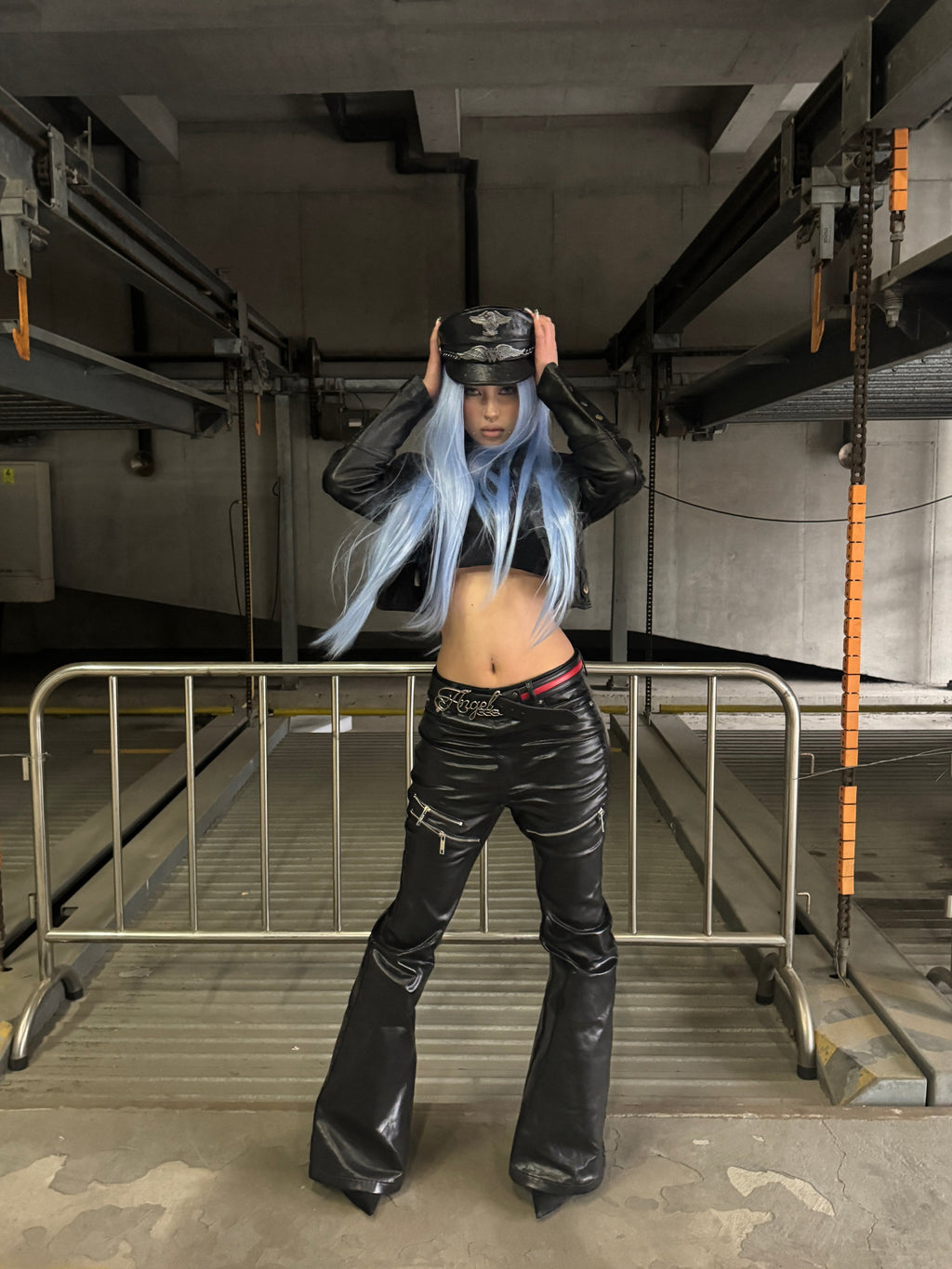 Liquid Metal Coated Wax Pants Flared Jeans