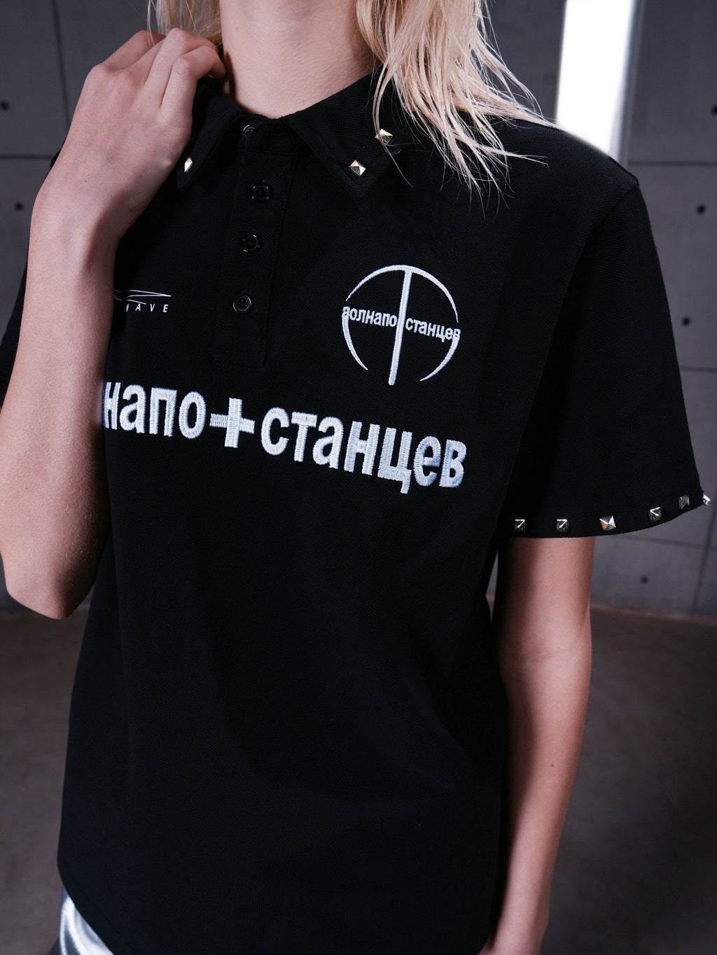 Russian Letter Rivet Print Polo Short Sleeve