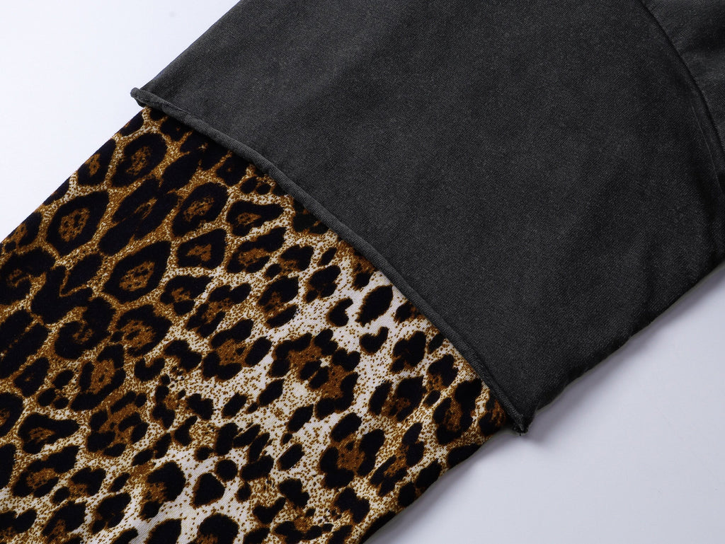 Leopard Print Washed Fake Two-Piece Long Sleeve Tee