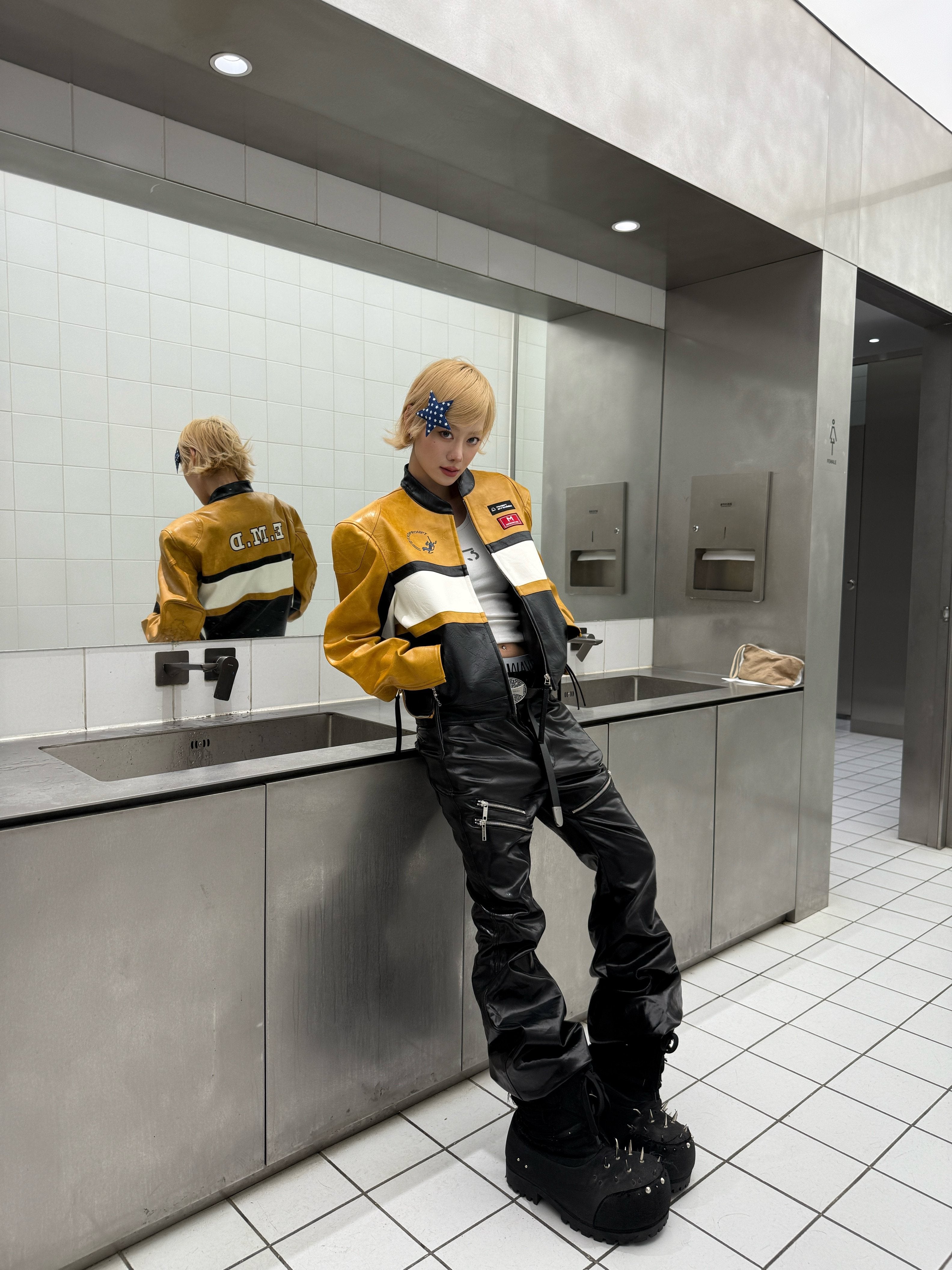 Liquid Metal Coated Wax Pants Flared Jeans