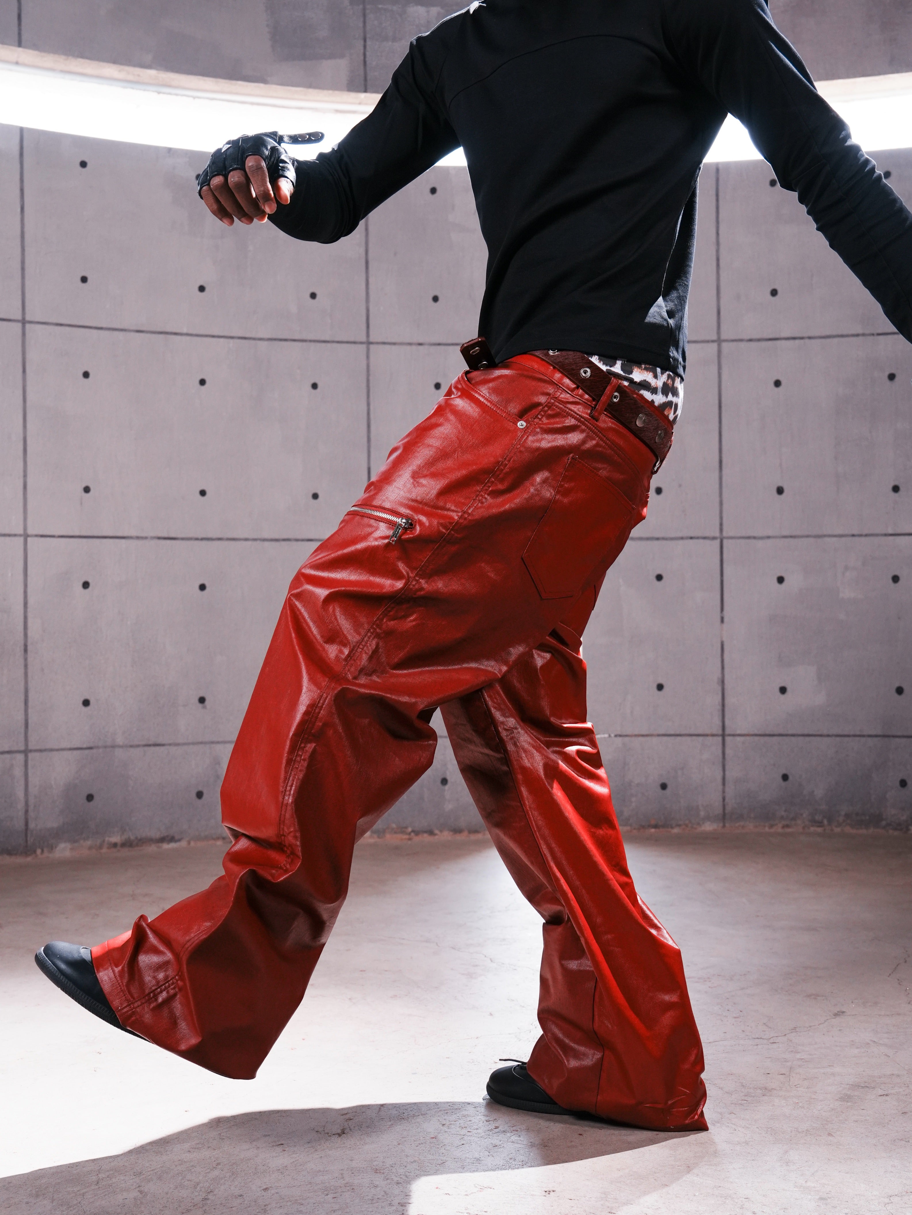 Red Coated Straight-Leg Waxed Jeans