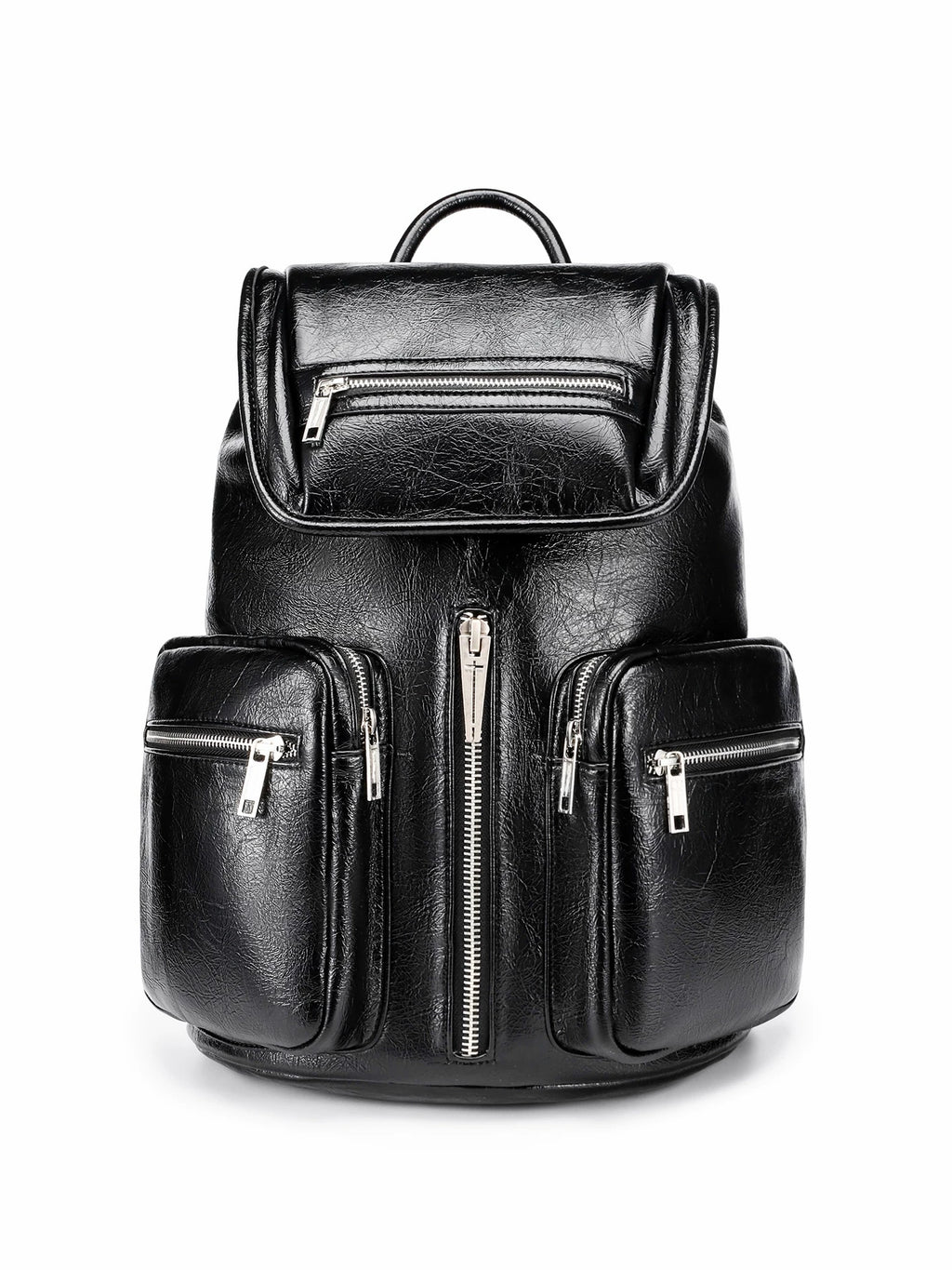 Multi-Zipper Cracked Leather Backpack, Multi-Pocket School Bag