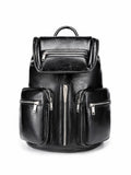 Multi-Zipper Cracked Leather Backpack, Multi-Pocket School Bag