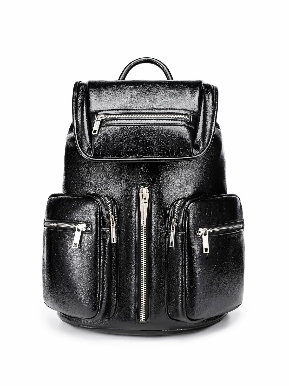 Multi-Zipper Cracked Leather Backpack, Multi-Pocket School Bag