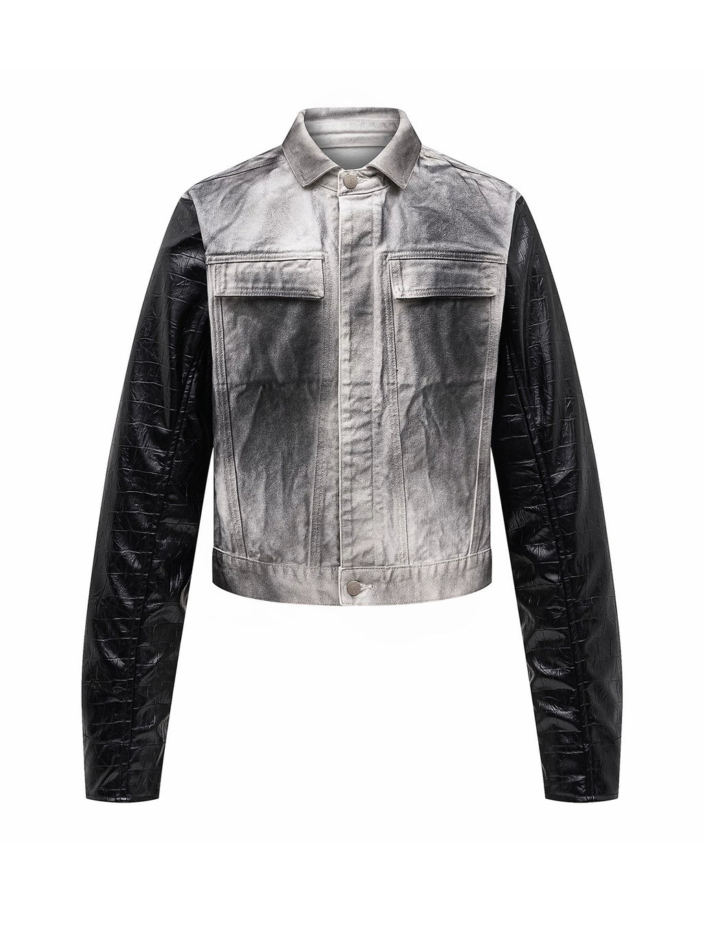 Splatter Distressed Patchwork Croc Leather Jacket, Mixed-Leather Denim Outerwear