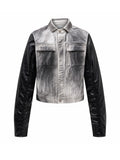 Splatter Distressed Patchwork Croc Leather Jacket, Mixed-Leather Denim Outerwear