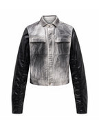 Splatter Distressed Patchwork Croc Leather Jacket, Mixed-Leather Denim Outerwear