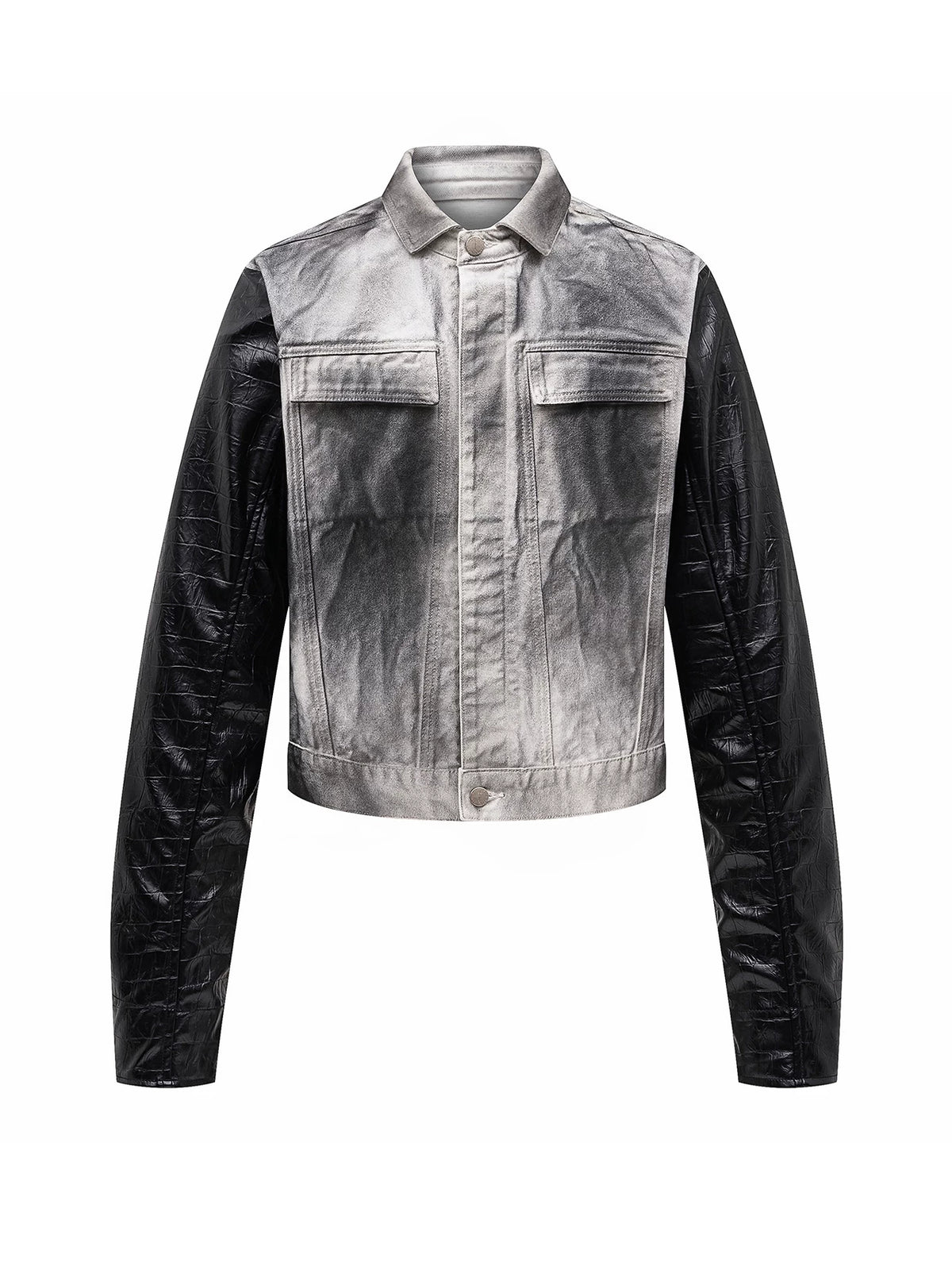 Splatter Distressed Patchwork Croc Leather Jacket, Mixed-Leather Denim Outerwear