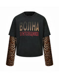 Leopard Print Washed Fake Two-Piece Long Sleeve Tee