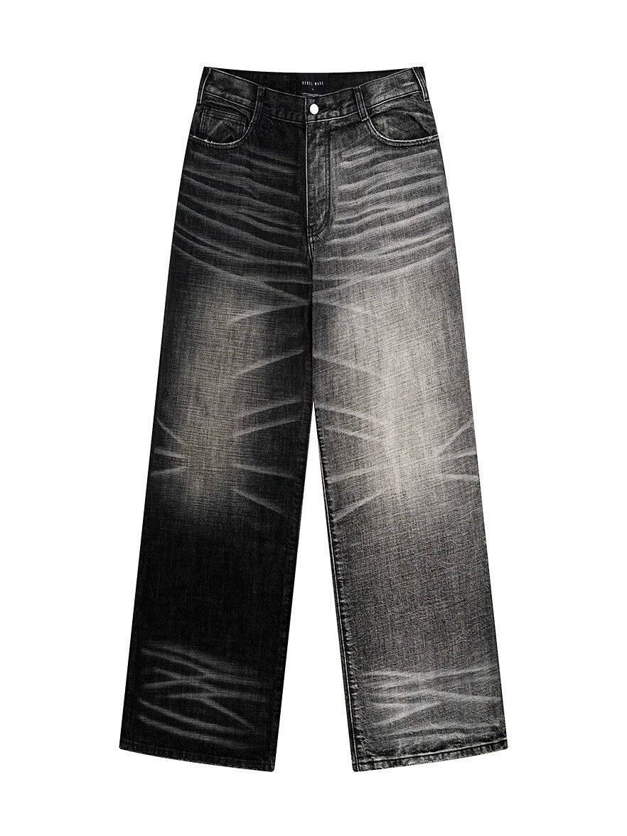 Two-Tone Washed Jeans, Yin-Yang Whisker Denim Pants