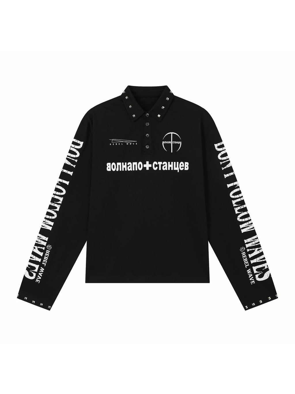 Russian Text & Rivet Print Long Sleeve Polo