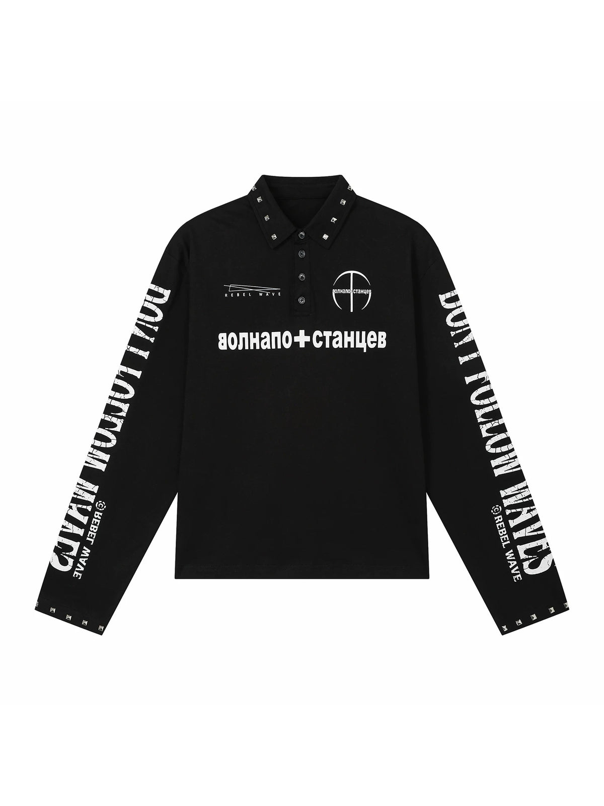 Russian Text & Rivet Print Long Sleeve Polo