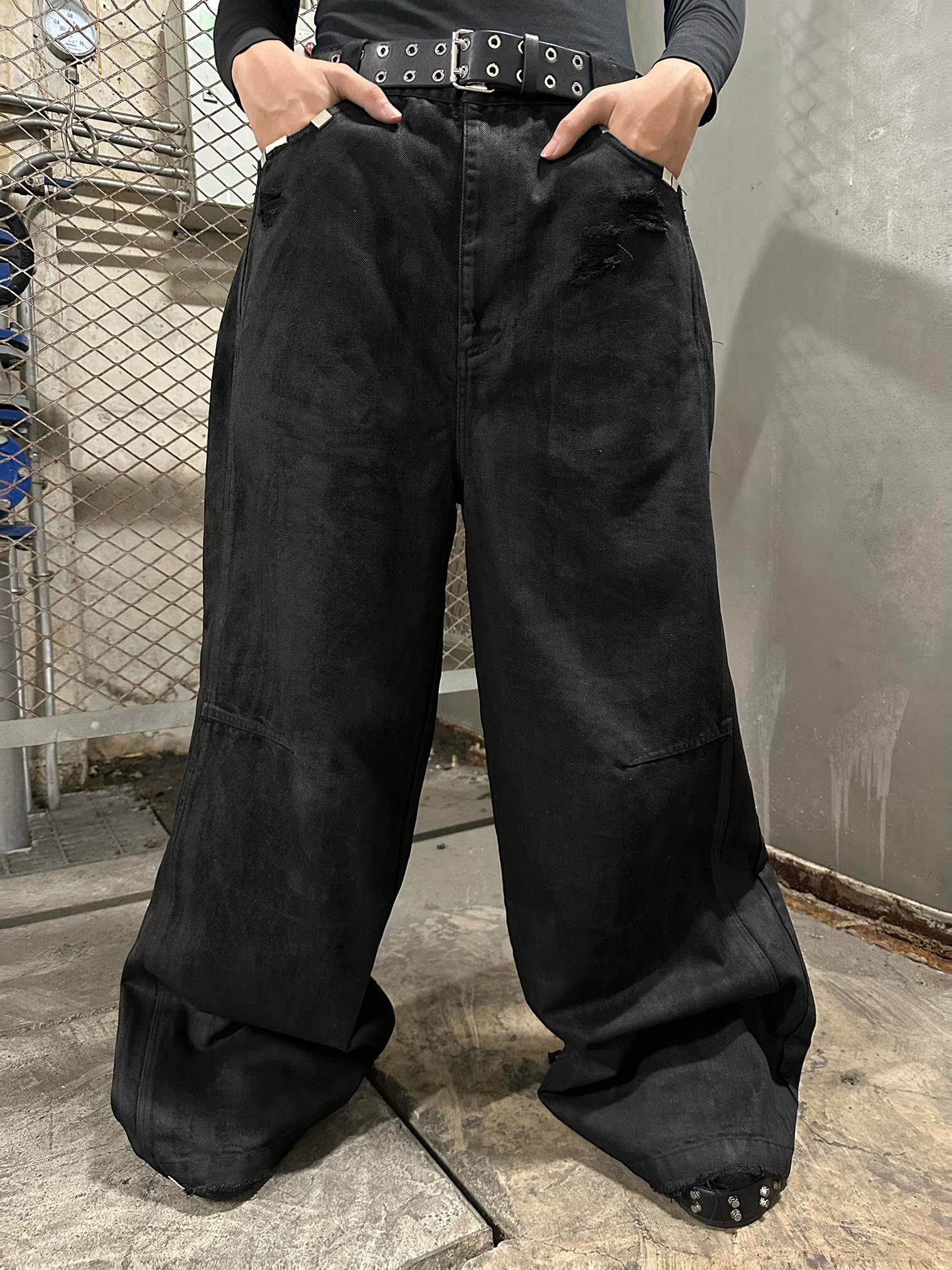 Hand-Waxed Damaged Wide-Leg Pants