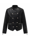 Placket Double-Breasted Stand Collar Leather Jacket