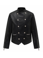 Placket Double-Breasted Stand Collar Leather Jacket