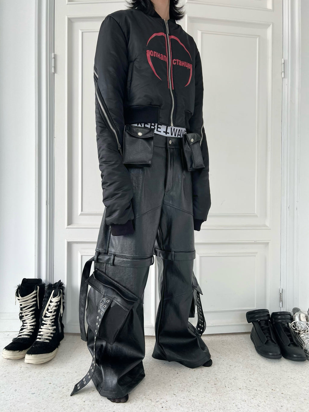 Double Waist Bag Structured Leather Pants
