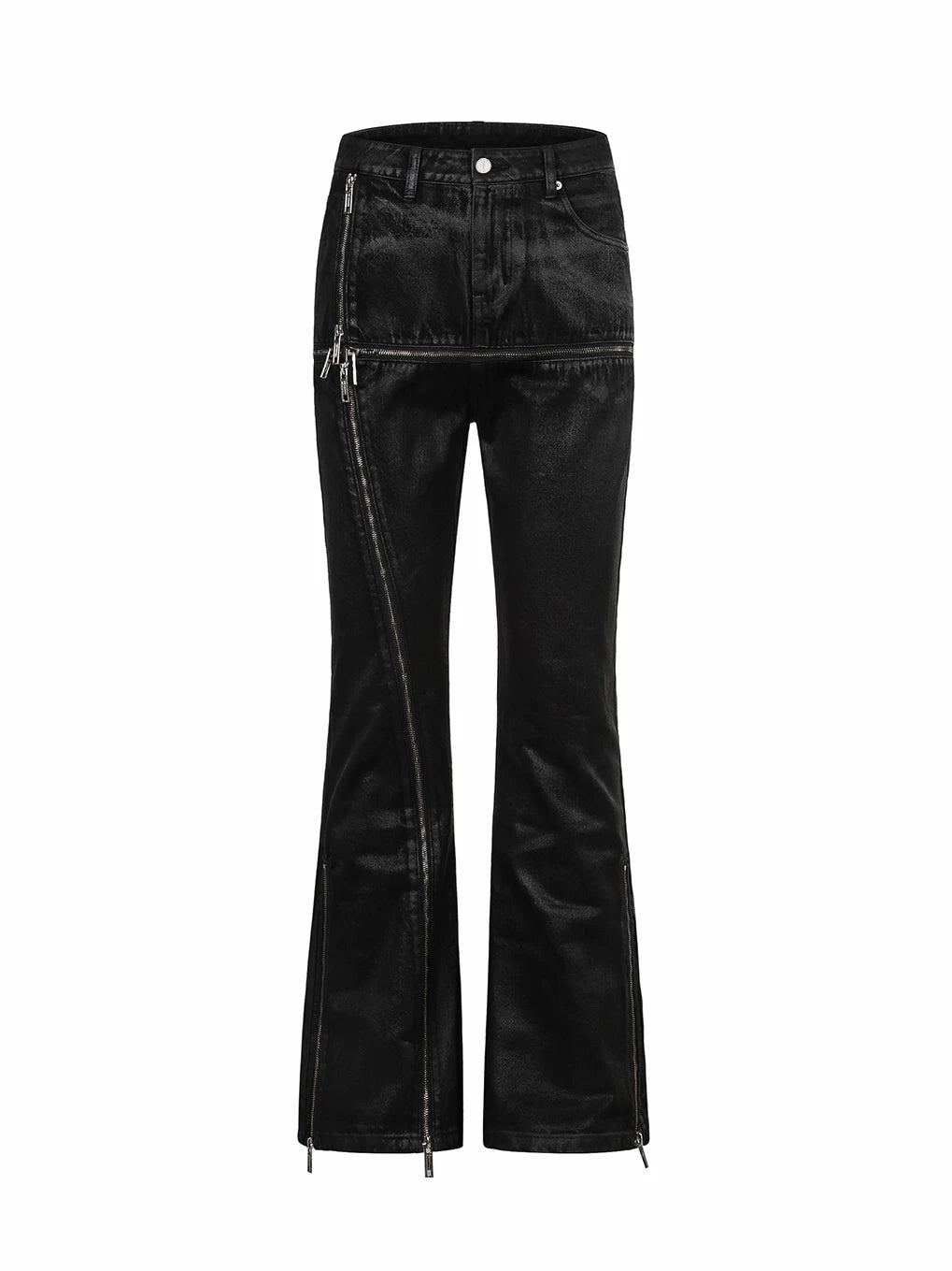 Cross‑Stitch Zip Waxed Denim Flare Pants