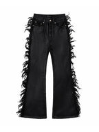 Frayed Fringe Wax‑Coated Denim Flare Pants