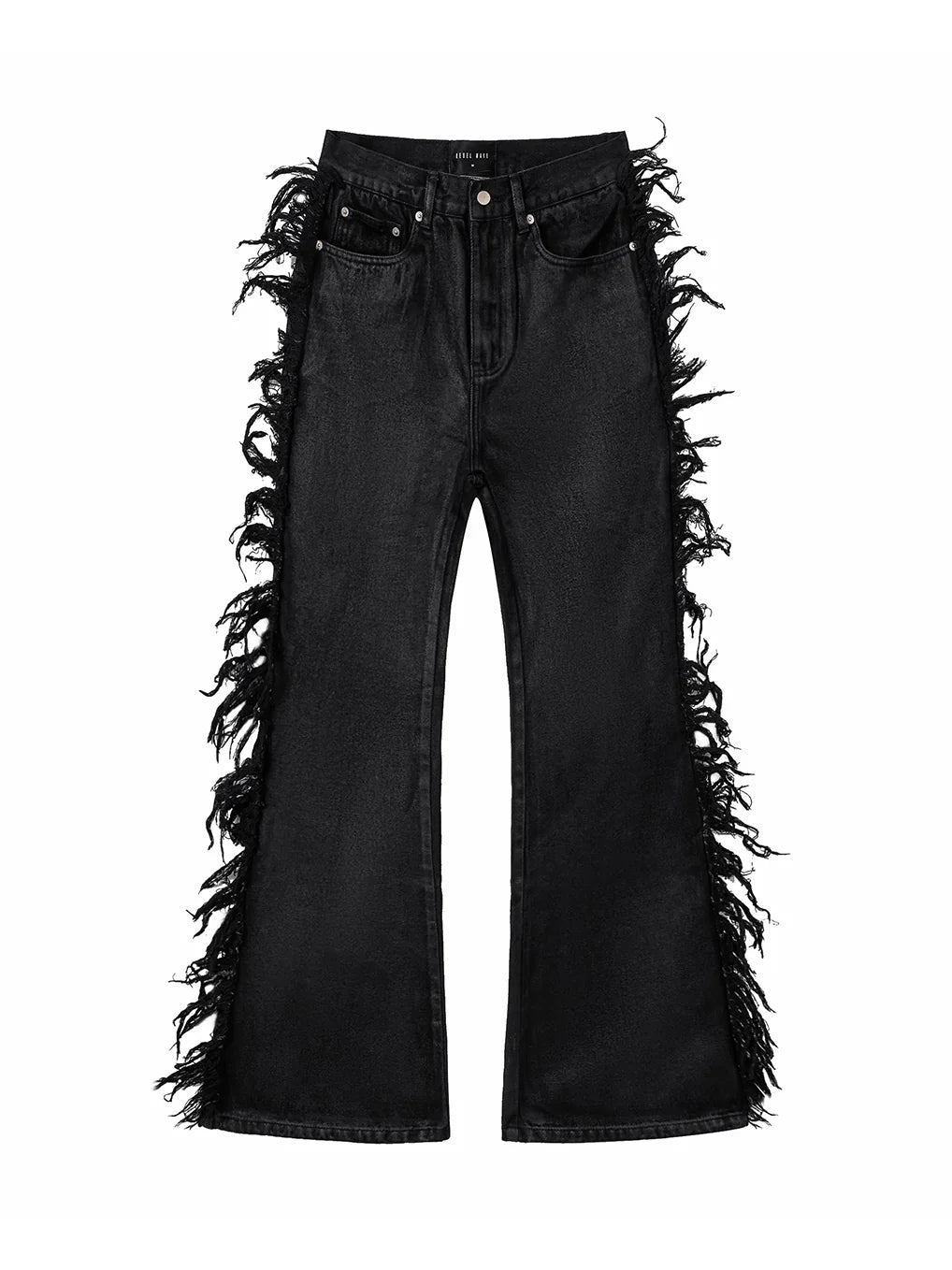 Frayed Fringe Wax‑Coated Denim Flare Pants