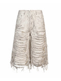 White Distressed Waxed Cropped Wide Leg Pants