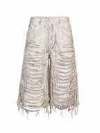 White Distressed Waxed Cropped Wide Leg Pants