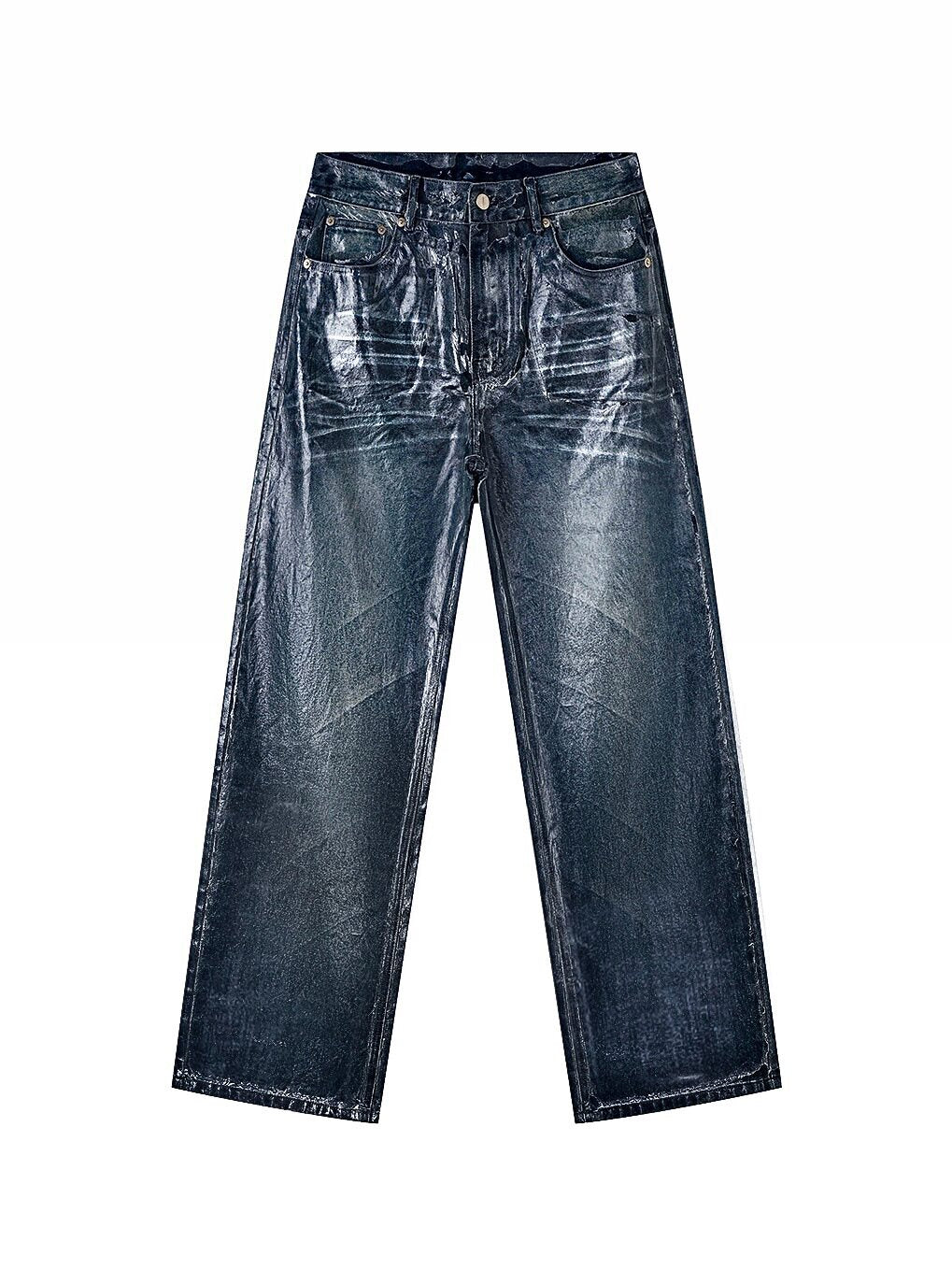 Wax‑Coated Blue Gel 3D Whisker Wide‑Leg Straight‑Fit Jeans