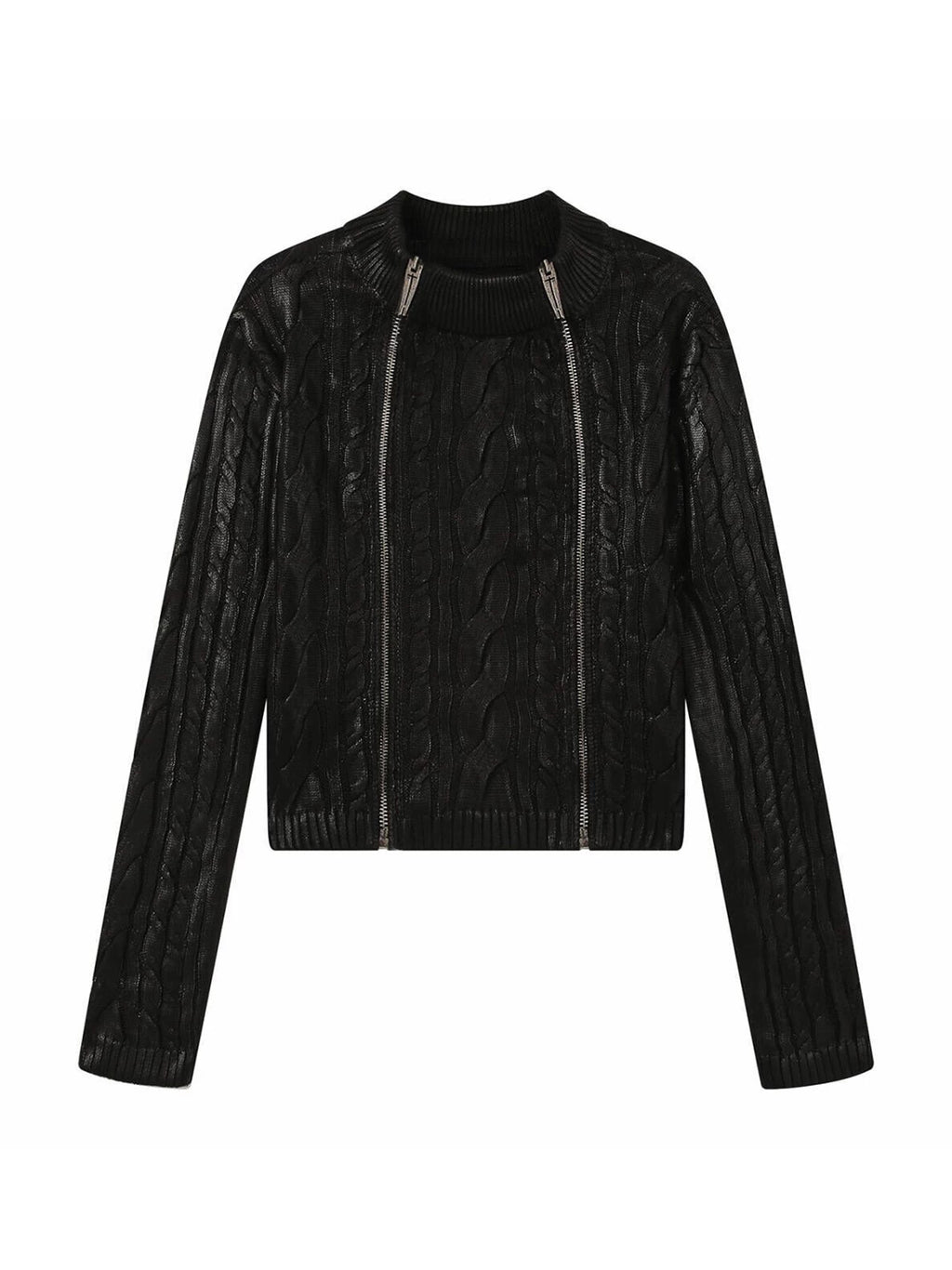 Waxed Cable Knit Sweater, Knit Outer Top with Multi-Zipper Design