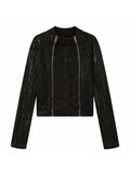 Waxed Cable Knit Sweater, Knit Outer Top with Multi-Zipper Design