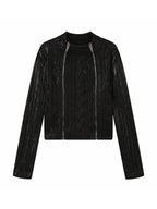 Waxed Cable Knit Sweater, Knit Outer Top with Multi-Zipper Design