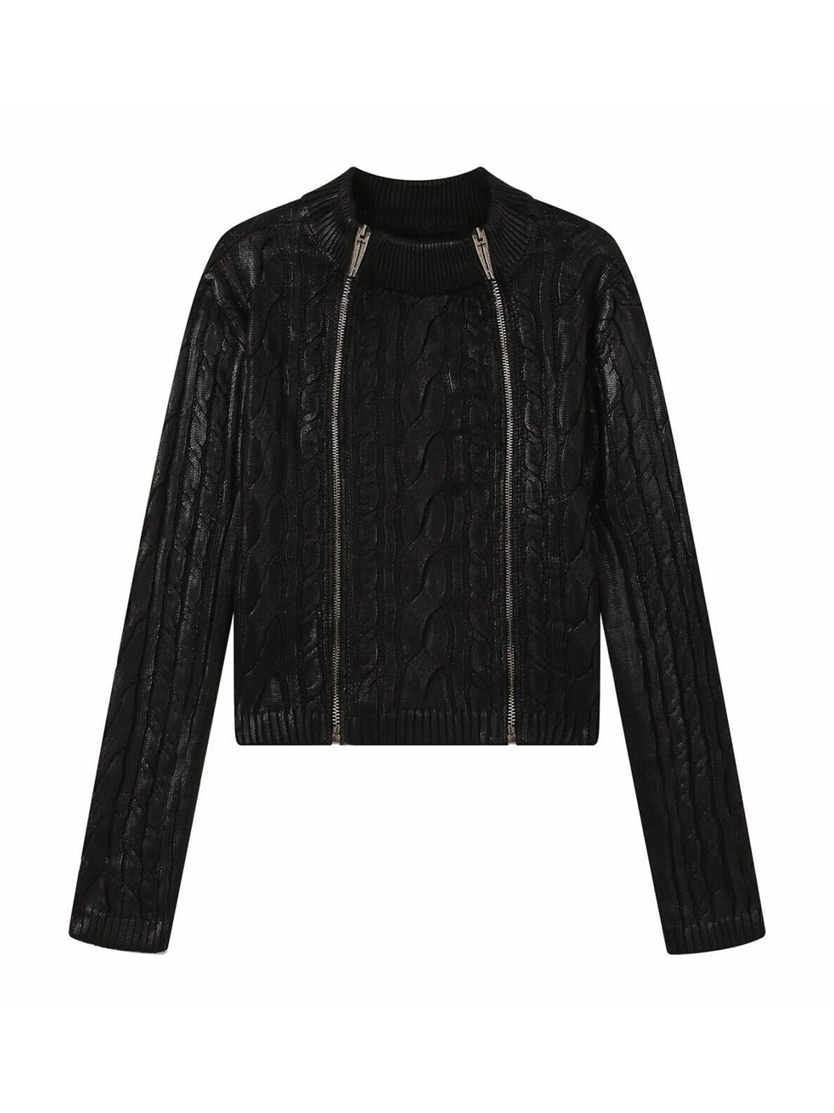 Waxed Cable Knit Sweater, Knit Outer Top with Multi-Zipper Design