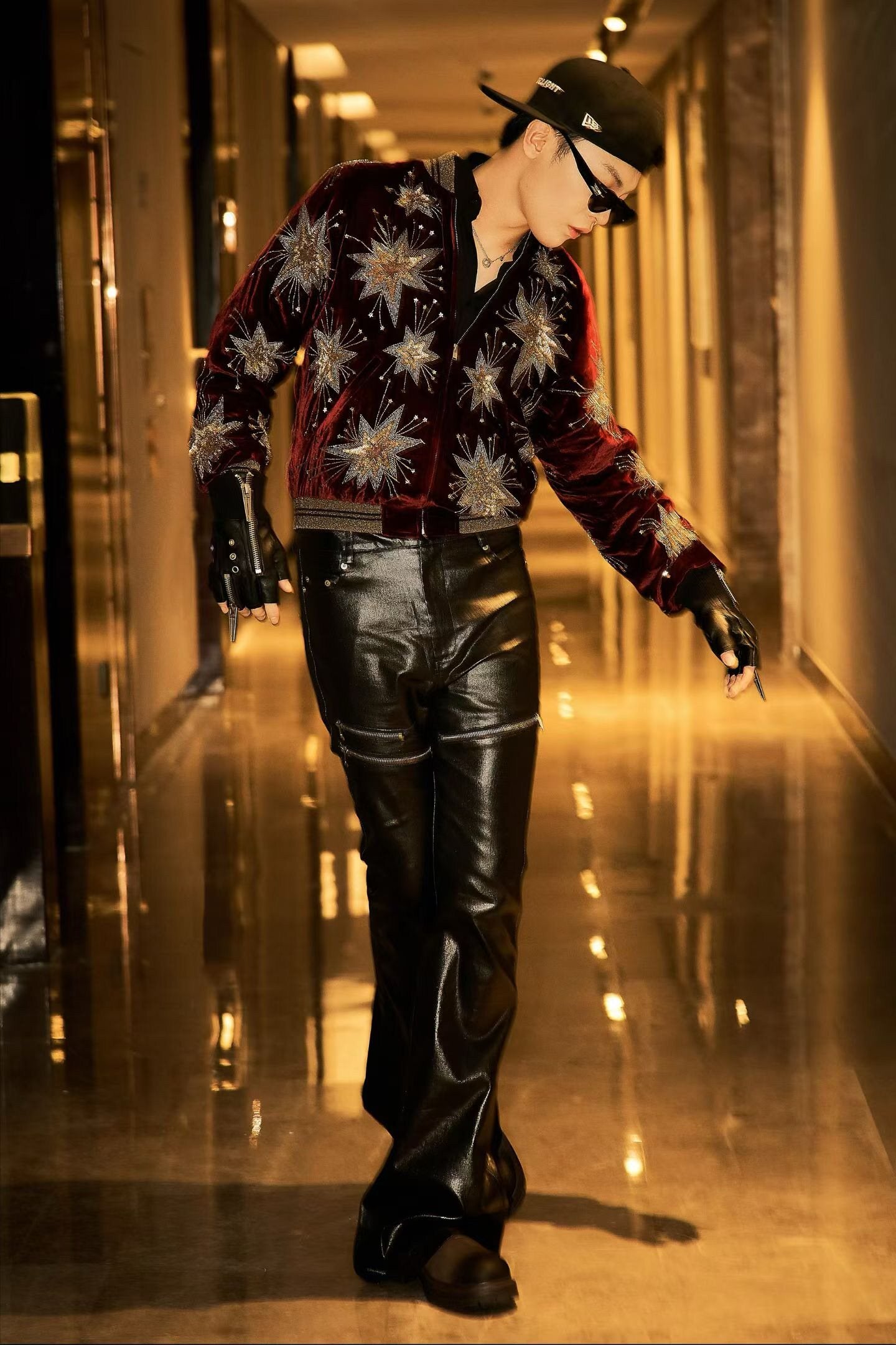 Liquid Metal Coated Wax Pants Flared Jeans