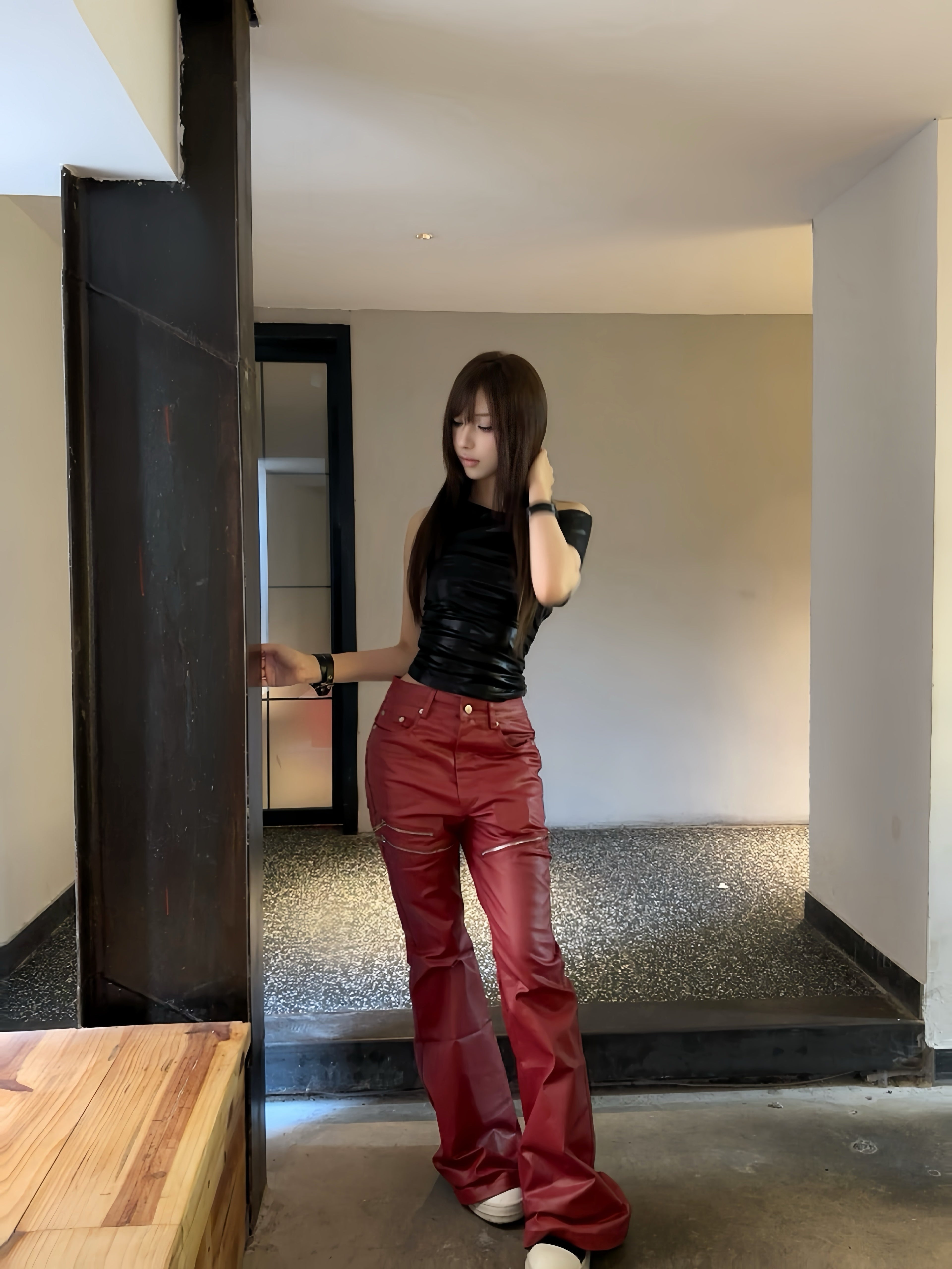Liquid Metal Red Coated Waxed Flared Jeans