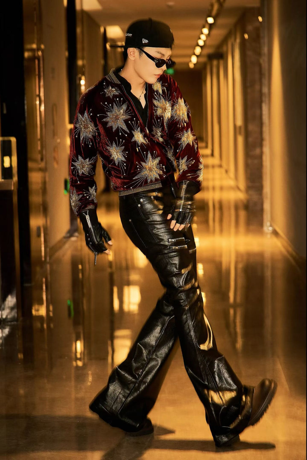 Liquid Metal Coated Wax Pants Flared Jeans