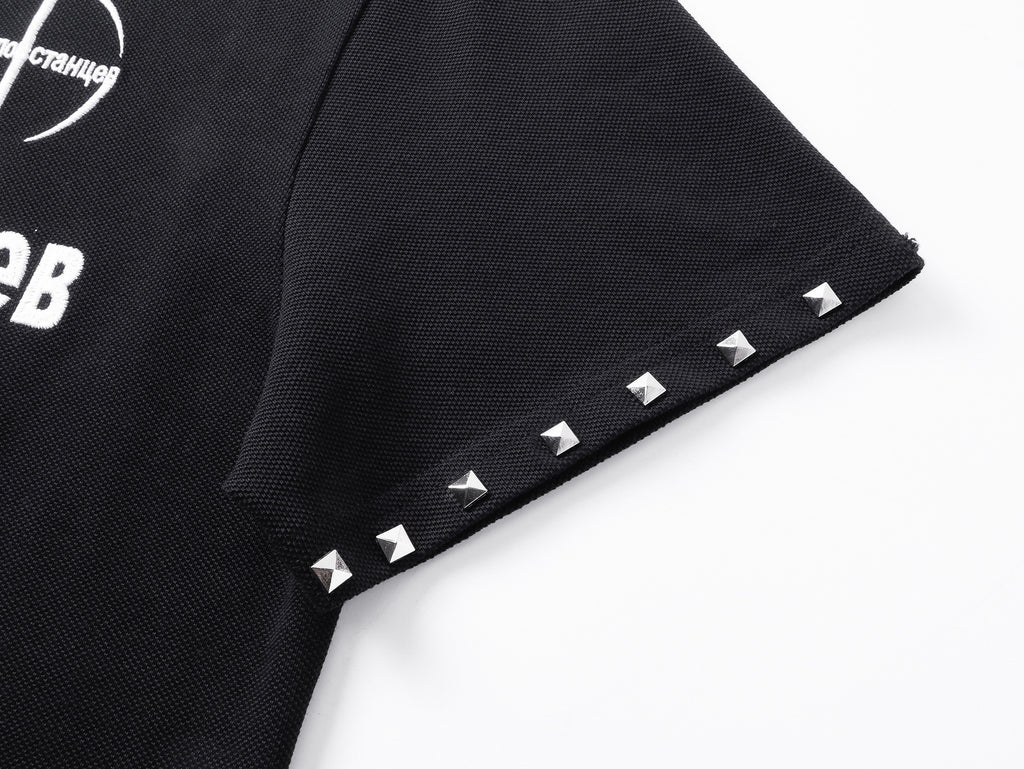 Russian Letter Rivet Print Polo Short Sleeve