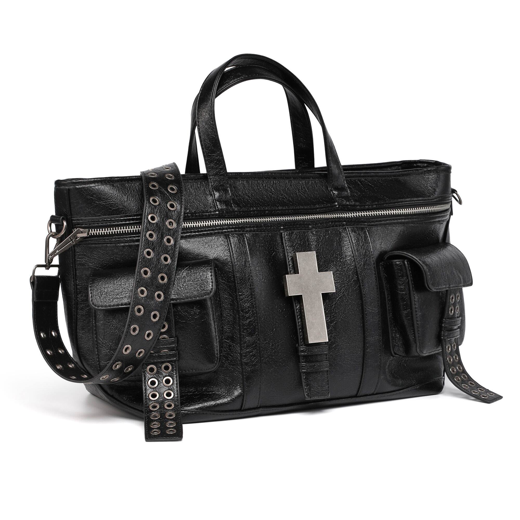 Cross Pattern Cracked PU Leather Tote Bag