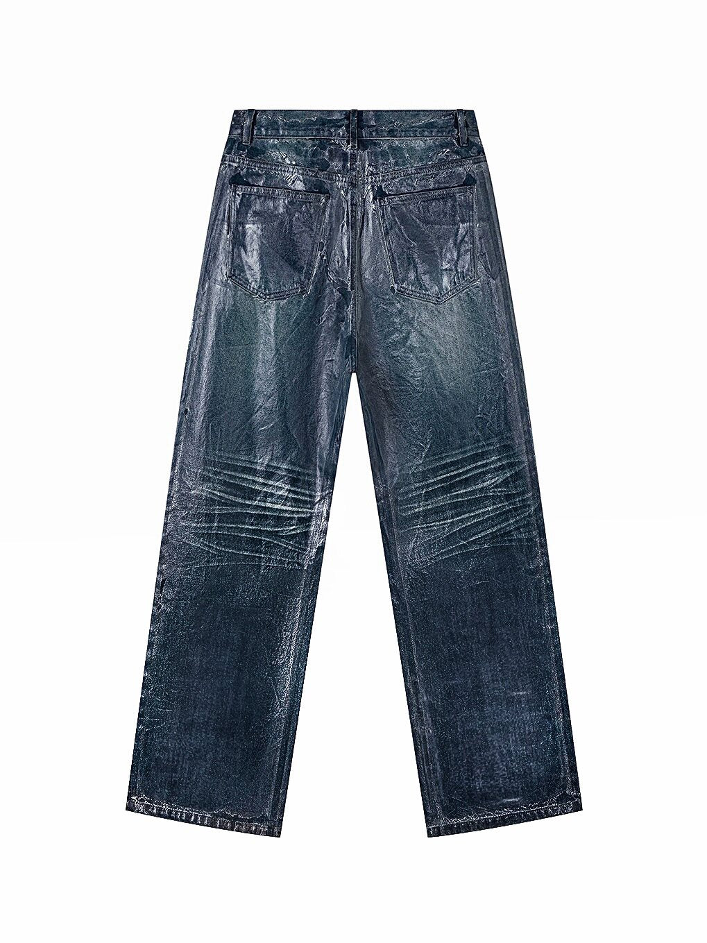 Wax‑Coated Blue Gel 3D Whisker Wide‑Leg Straight‑Fit Jeans
