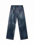 Wax‑Coated Blue Gel 3D Whisker Wide‑Leg Straight‑Fit Jeans