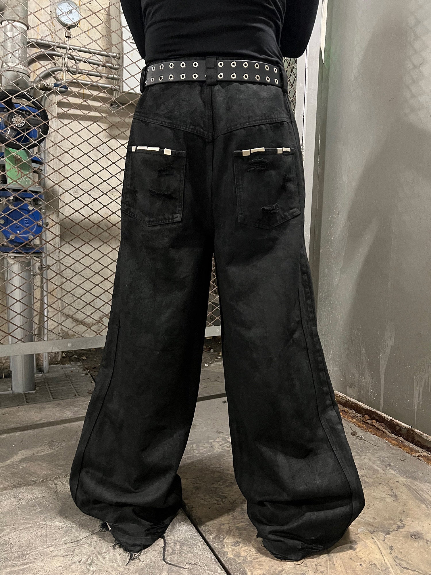 Hand-Waxed Damaged Wide-Leg Pants