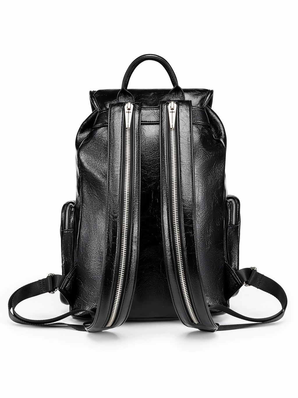 Multi-Zipper Cracked Leather Backpack, Multi-Pocket School Bag