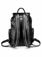 Multi-Zipper Cracked Leather Backpack, Multi-Pocket School Bag