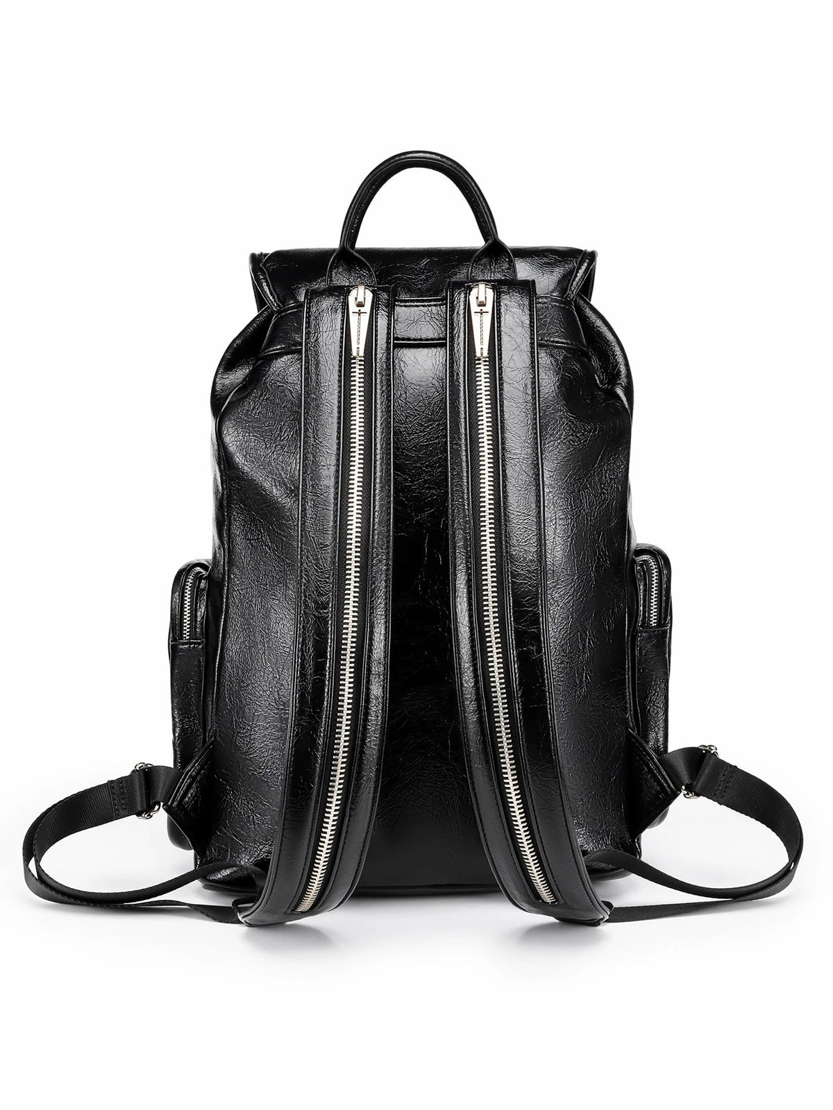 Multi-Zipper Cracked Leather Backpack, Multi-Pocket School Bag
