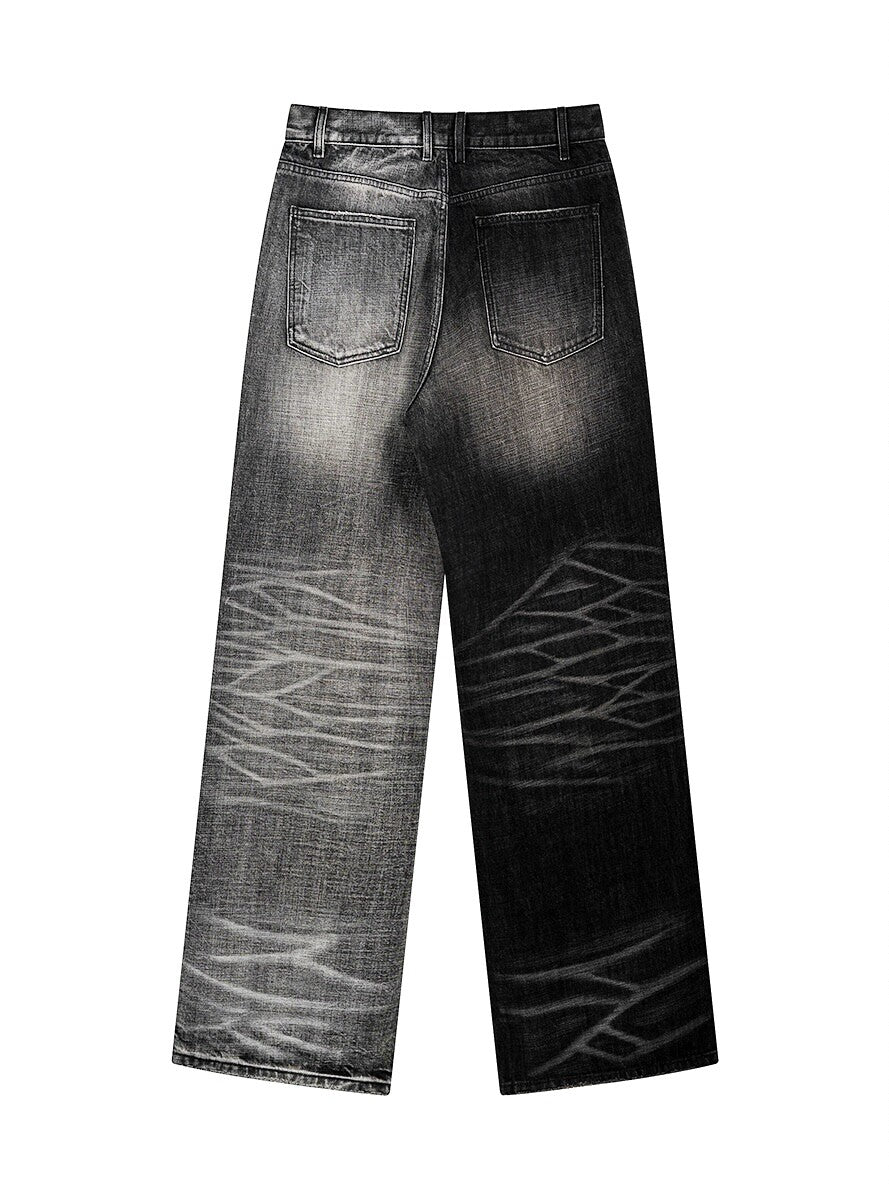 Two-Tone Washed Jeans, Yin-Yang Whisker Denim Pants