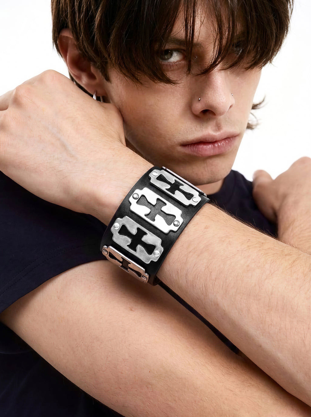 Genuine Leather Cross Blade Bracelet  Wristband 23cm