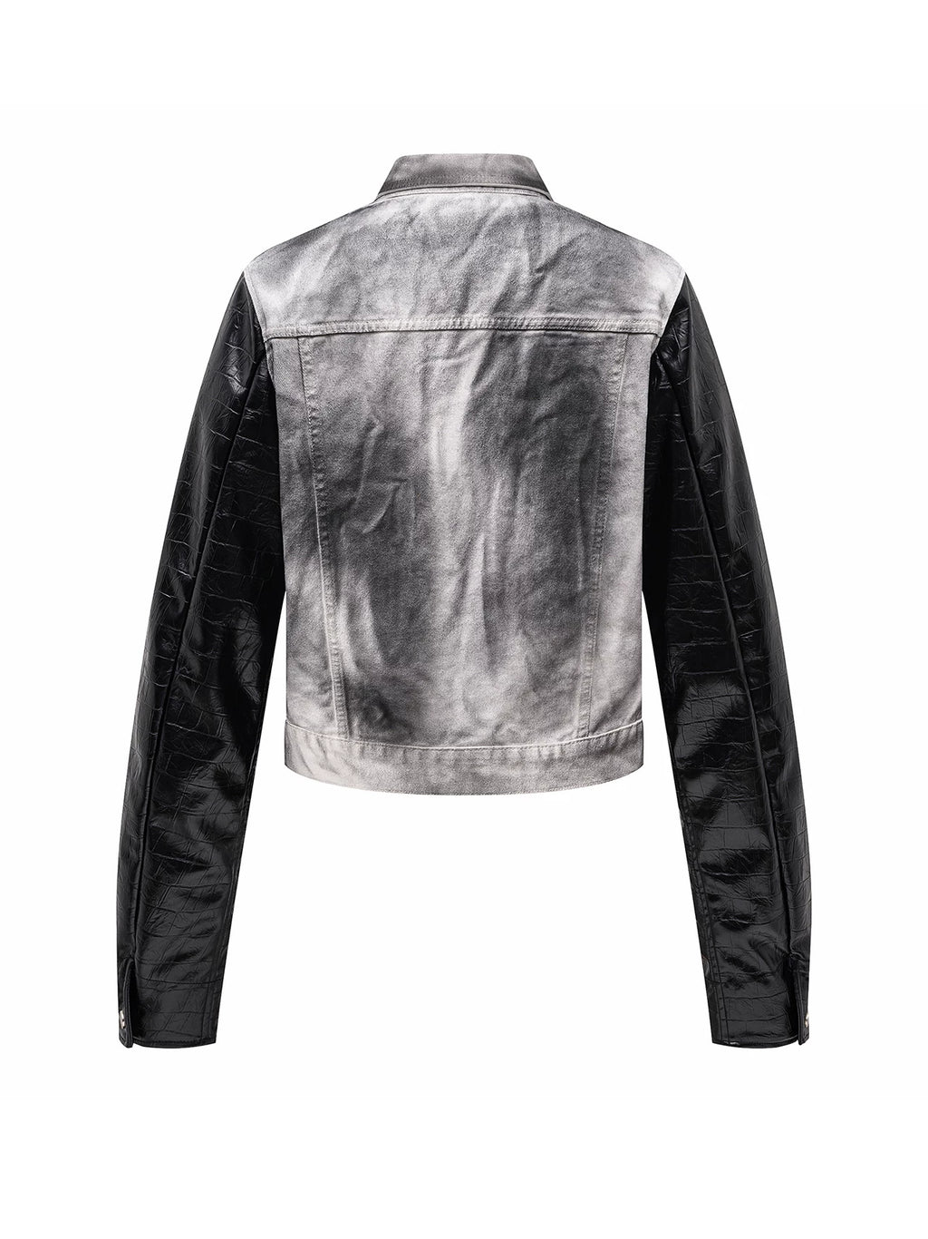 Splatter Distressed Patchwork Croc Leather Jacket, Mixed-Leather Denim Outerwear