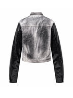 Splatter Distressed Patchwork Croc Leather Jacket, Mixed-Leather Denim Outerwear