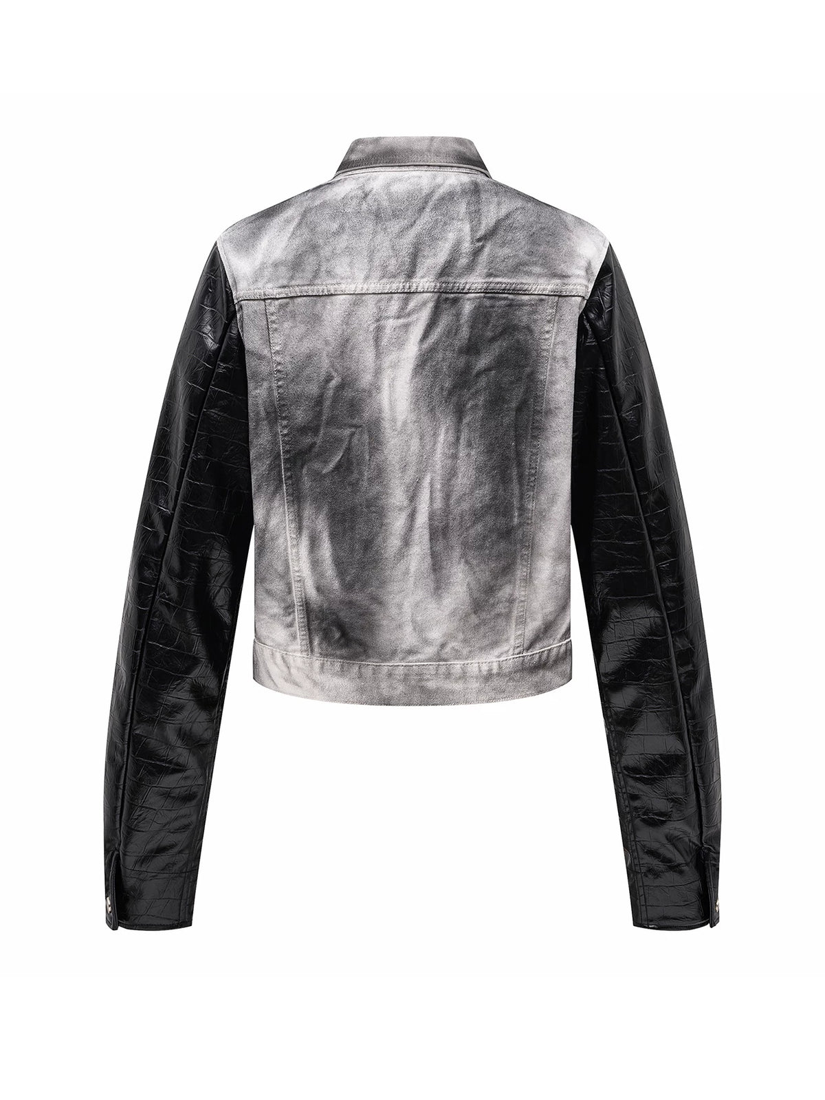 Splatter Distressed Patchwork Croc Leather Jacket, Mixed-Leather Denim Outerwear