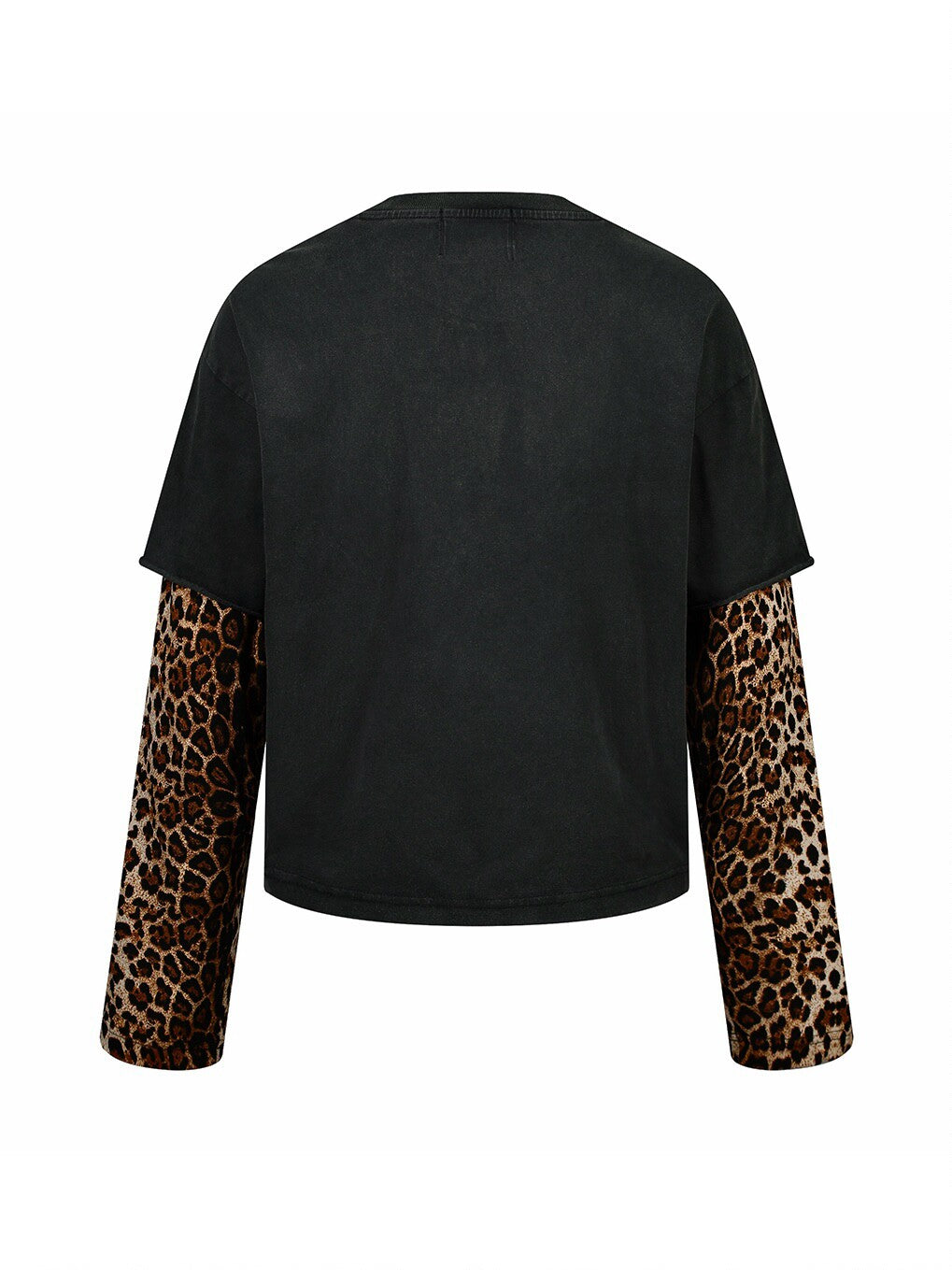 Leopard Print Washed Fake Two-Piece Long Sleeve Tee