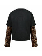 Leopard Print Washed Fake Two-Piece Long Sleeve Tee