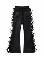 Frayed Fringe Wax‑Coated Denim Flare Pants