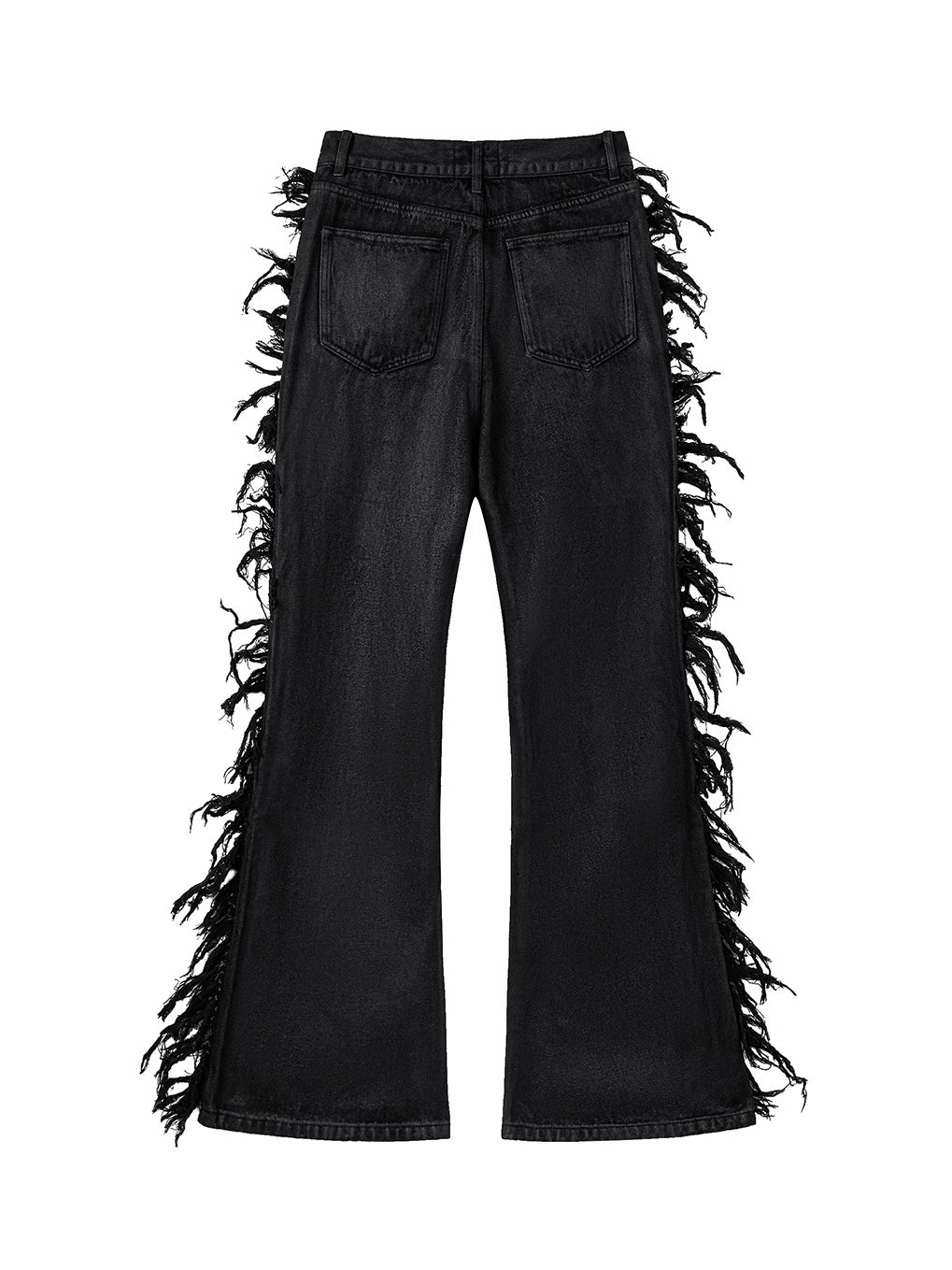 Frayed Fringe Wax‑Coated Denim Flare Pants
